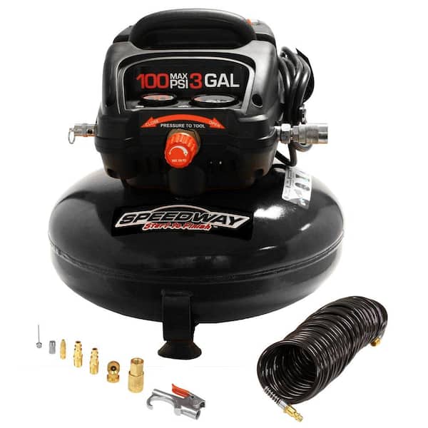 SPEEDWAY 3 Gal. Oil-Free Compressor with Onboard Accessory Storage, 120 Volt 25 ft. Hose and Inflation Kit