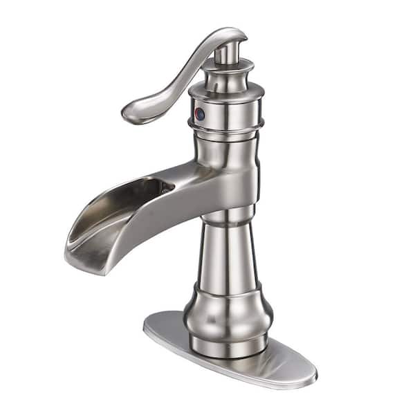Dimakai Waterfall Single Hole Single-Handle Low-Arc Bathroom Faucet with Pop-up Drain Assembly in Brushed Nickel