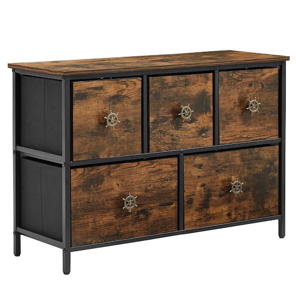VECELO Extra Wide Dresser Storage Brown 5 Drawers 11.8 in. W Dresser with Sturdy Steel Frame, Easy-Pull Fabric Bins