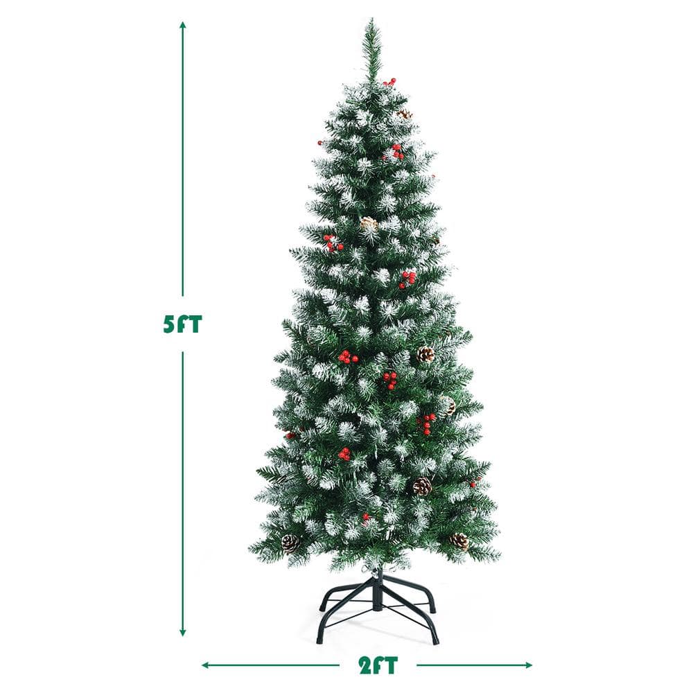 5 ft Green Pre-Lit Pencil Christmas Tree with Pine Cones and Red Berries