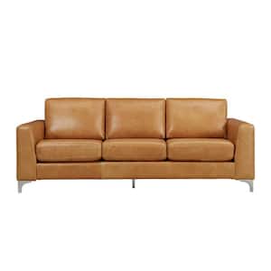 Russel 91 in. Caramel Faux Leather 4-Seater Lawson Sofa with Removable Covers