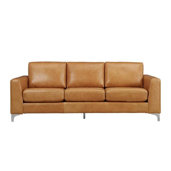 HomeSullivan Russel 91 in. Caramel Faux Leather 4-Seater Lawson Sofa with Removable Covers