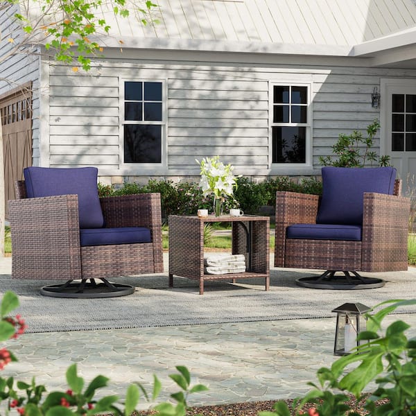 3-Piece Brown Wicker Outdoor Swivel Rocking Chairs Patio Bistro Set with Side Table Navy Blue Cushion