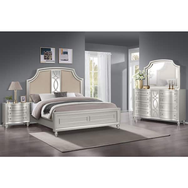 NEW CLASSIC HOME FURNISHINGS New Classic Furniture Reflections 4-Piece Silver Wood King Bedroom Set (B/Dr/Mr/Ns)