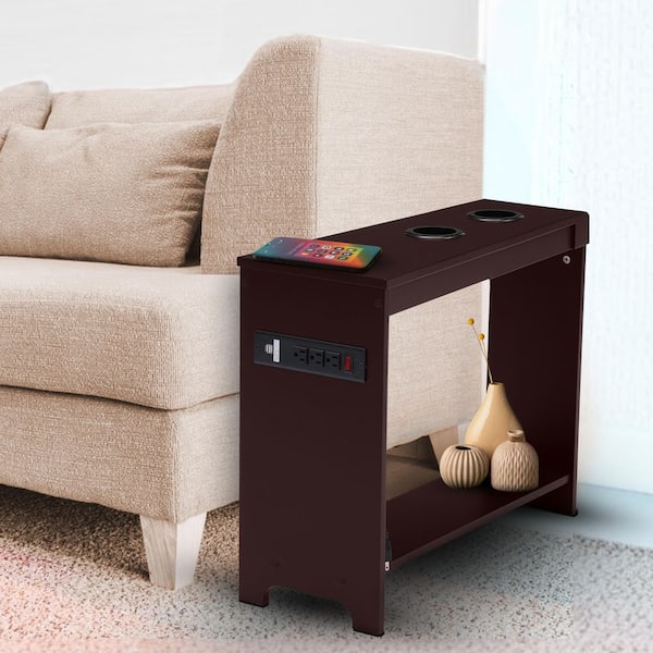 MAYKOOSH Cherry End Table with Charging Station, USB Ports & Outlets, Narrow Side Table, Chair Side Table Nightstand