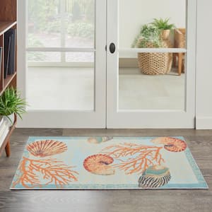 Sun N' Shade Light Blue 2 ft. x 4 ft. Floral Geometric Contemporary Indoor/Outdoor Kitchen Area Rug