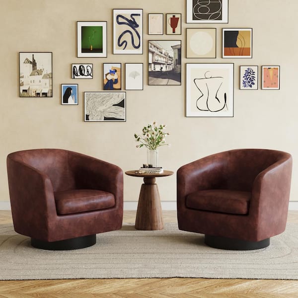 Uixe Red Brown PU Leather Upholstered 360° Swivel Accent Barrel Chair with Wood Frame (Set of 2)