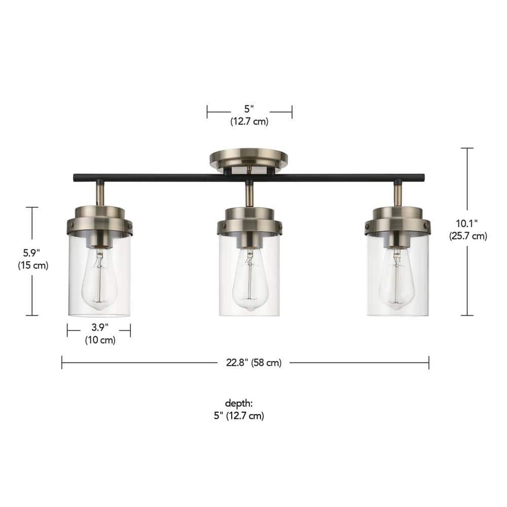 Adelaide Matte Black and Antique Brass 3-Light Track Kit with Clear Glass