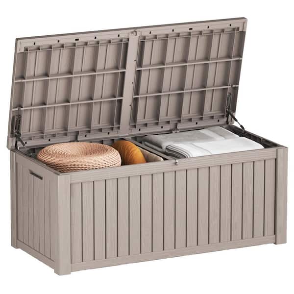 150 Gal. Resin Outdoor Deck Box with Lockable Lid Porch Storage Box Bench for Cushions, Throw Pillows in Light Brown