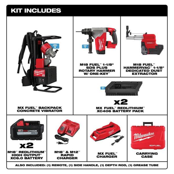 Milwaukee MX FUEL Lithium-Ion Cordless Concrete Vibrator Kit with M18 FUEL 1 in. SDS-Plus Rotary Hammer/Dust Extractor Kit