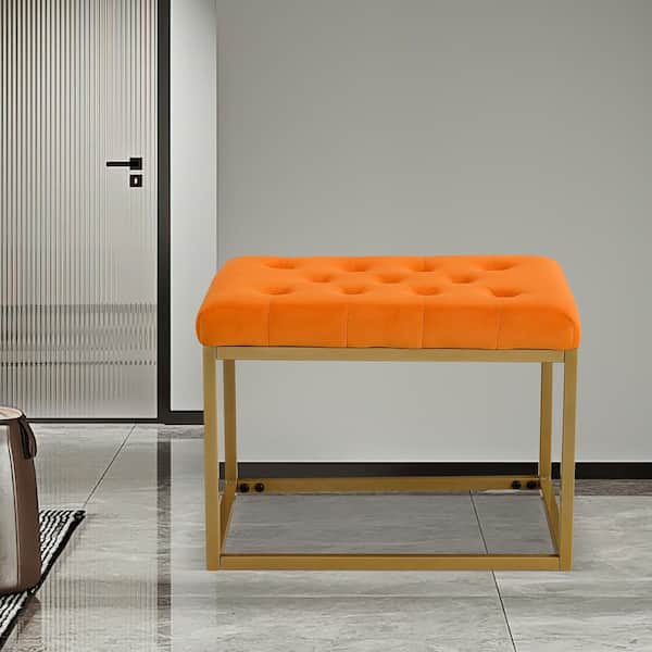 DURFII Small Foot Stool Ottoman, Orange Velvet Ottoman Rectangle Footrest,  Bedside Step Stool with Wood Legs