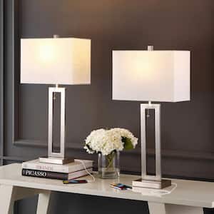 Sabrina 28 .5 in. Vintage Industrial Iron LED Table Lamp with Pull-Chain and USB Charging Port, Nickel (Set of 2)