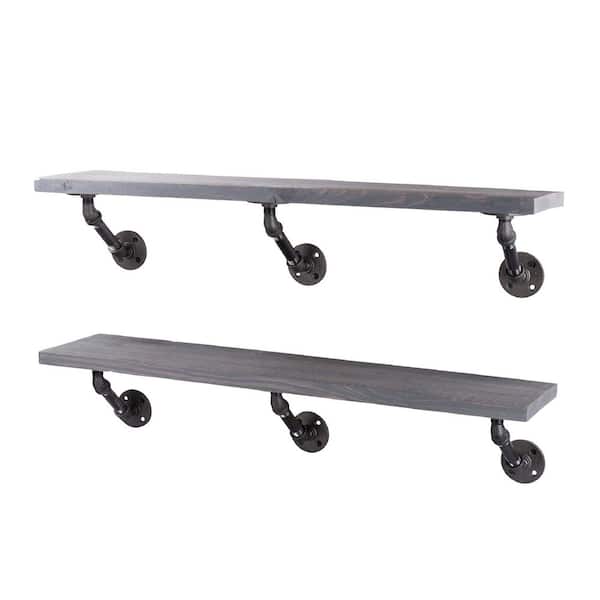 36 in. x 7.5 in. x 6.75 in. Riverstone Grey Restore Wood Decorative Wall Shelf with Industrial Steel Pipe Brackets
