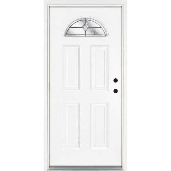 MP Doors 36 in. x 80 in. Left Hand Inswing Fan Lite Valentia Decorative Glass White Finished Fiberglass Prehung Front Door