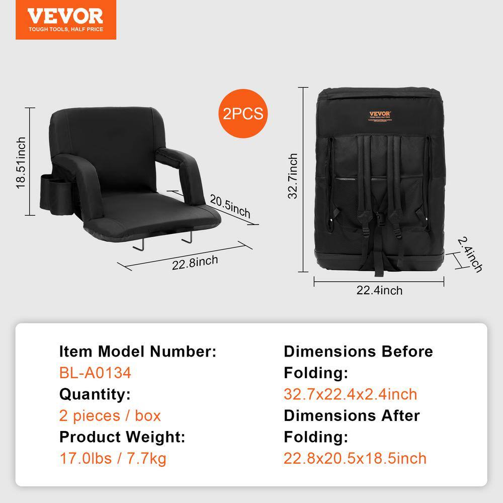 Black Portable Reclining Stadium Seat with Back Support, Set of 2