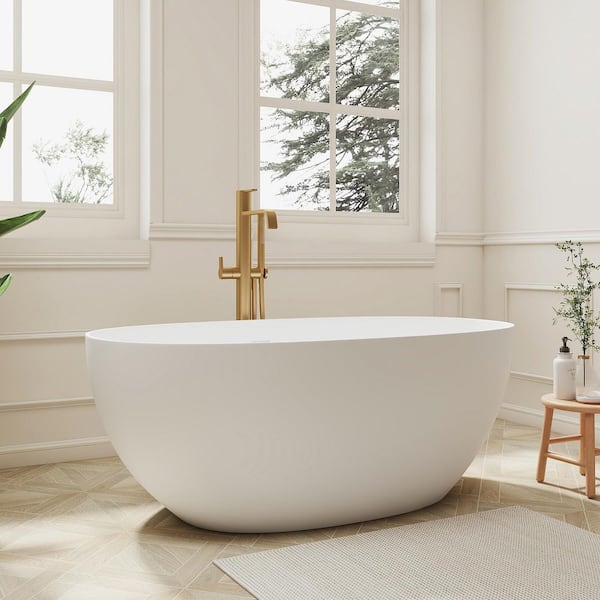Tinae 59 in. x 30 in. Stone Resin Solid Surface Freestanding Bathtub Soaking Tub in Matte White