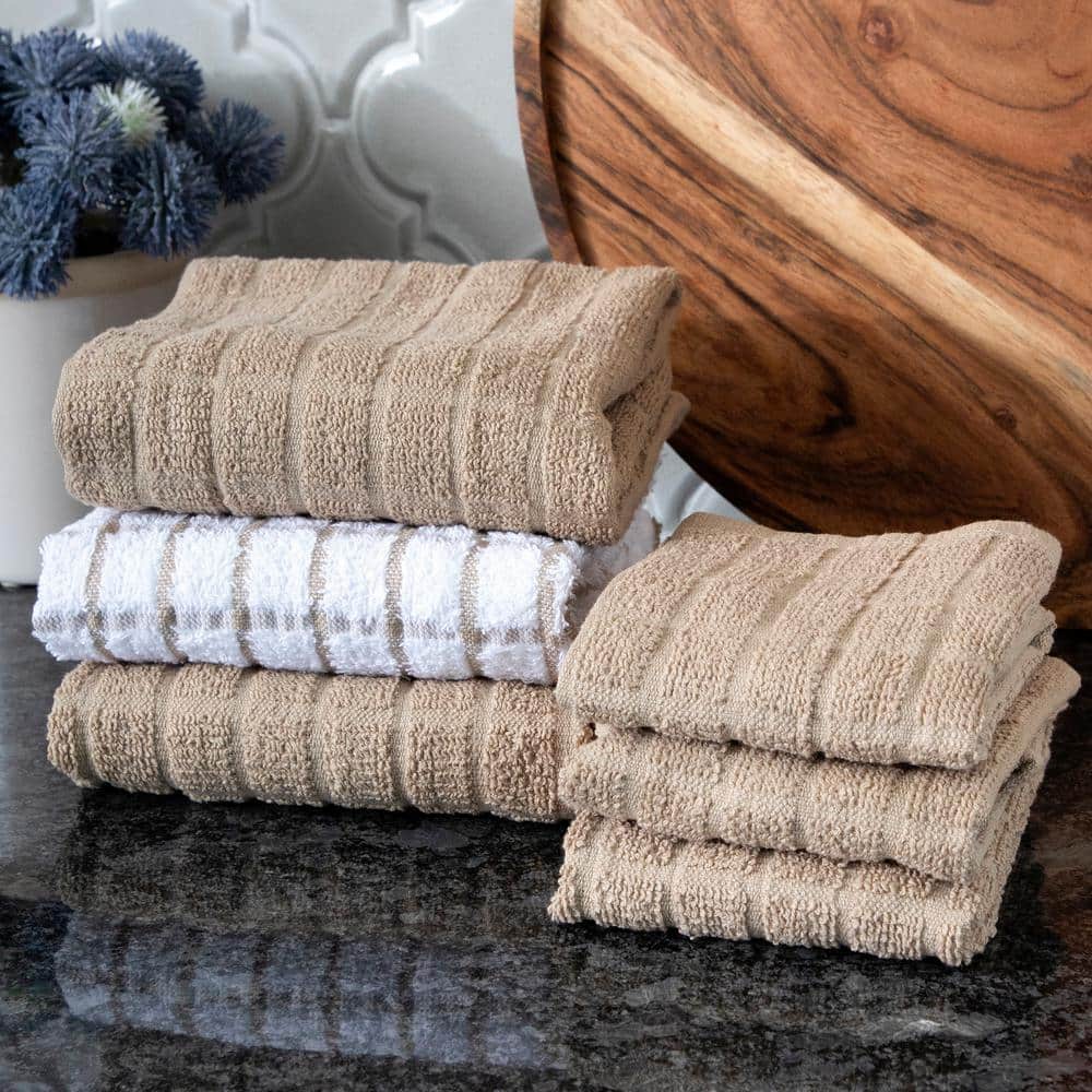 Putty and White Cotton Terry Kitchen Towel Set