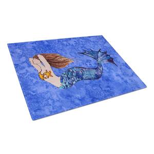 Brunette Mermaid on Blue Tempered Glass Large Cutting Board