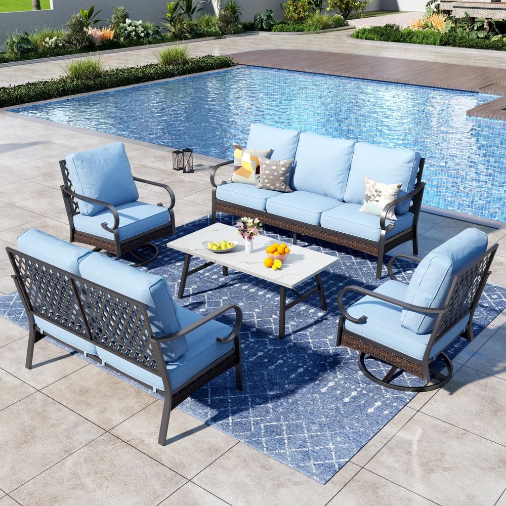 5-Piece Black Metal 7 Seats Outdoor Patio Conversation Set with Swivel Chair, Marbling Coffee Table and Blue Cushions price history on PriceWatchPro