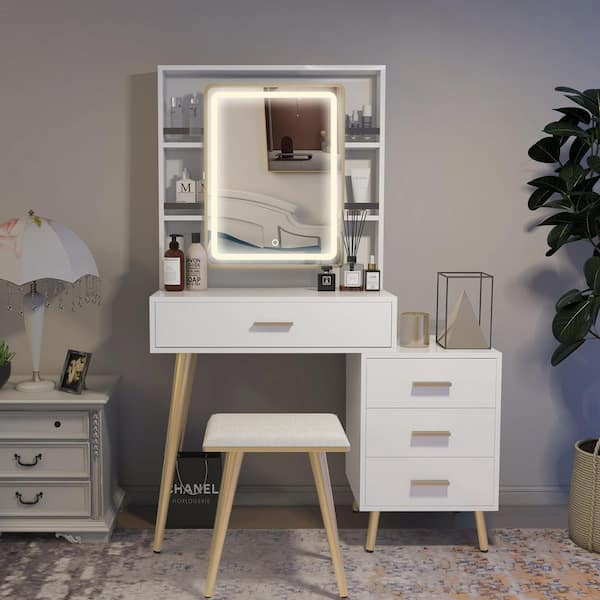 5-Drawers White Wood Makeup Vanity Set Dressing Desk W/ Stool, LED Round  Mirror and Storage Shelves 52x 31.5x 15.7 in.