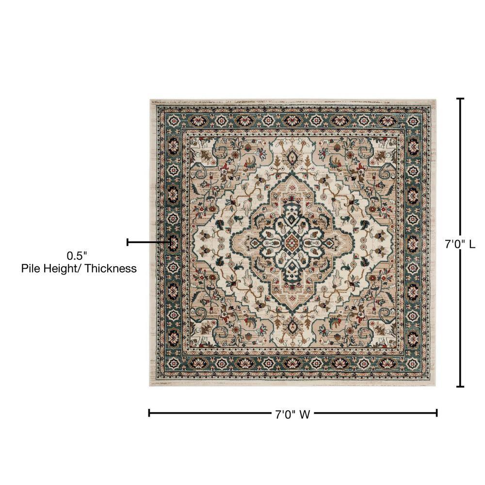 Cream and Beige 7' Square Traditional Floral Area Rug