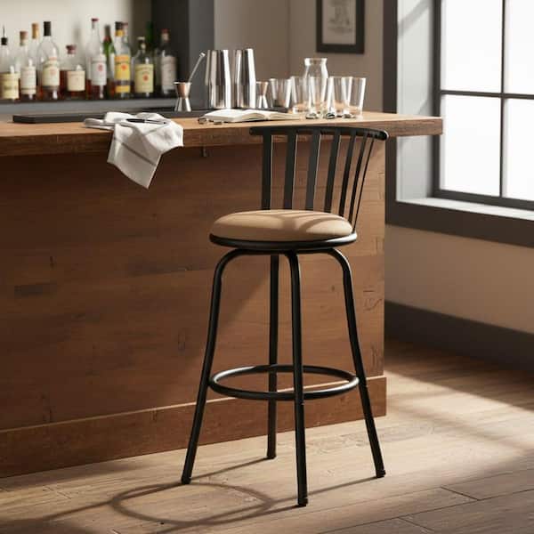 Homy Casa Pistil 24/29 in. Brown Cushioned Slat Back Adjustable Height Metal Frame Bar Stools with Faux Leather Seat (Set of 1)