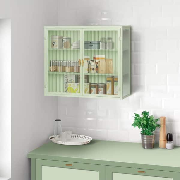 GQB 27.56 in. Green Metal Wall Mount Storage Cabinet Kitchen Pantry Organizer in Tempered Glass Doors, 3 Removable Shelves