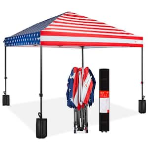 8 ft. x 8 ft. American Flag Pop Up Canopy w/1-Button Setup, Wheeled Case, 4 Weight Bags