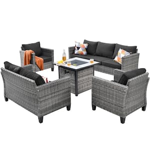 Lake Powell Gray 5-Piece Wicker Patio Conversation Fire Pit Seating Sofa Set with a Loveseat and Black Cushions