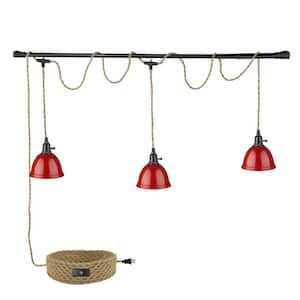 3-Light Red Hanging Pendant Lamps with Metal Dome Shade 29 ft. Twisted Hemp Rope Switch