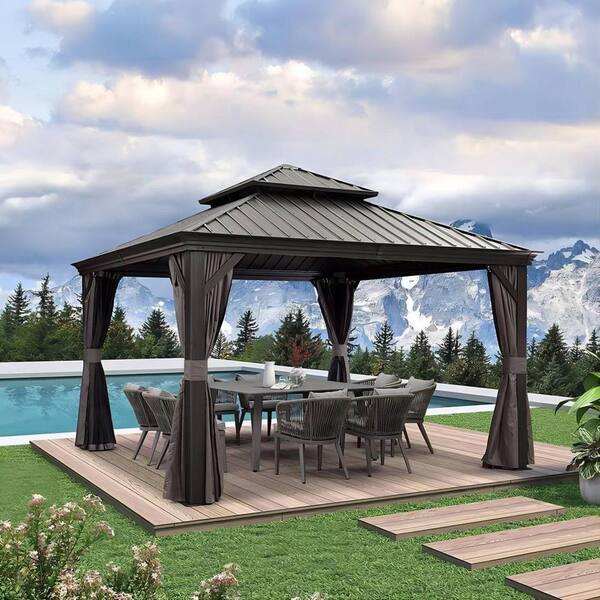 PURPLE LEAF 12 ft. x 12 ft. Gray Aluminum Hardtop Gazebo Canopy for Patio Deck Backyard Heavy-Duty with Netting and Curtains