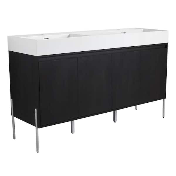 60 in. Double Sink Freestanding Dark Oak Bath Vanity with White Resin Top Unassembled and Soft Closed Doors