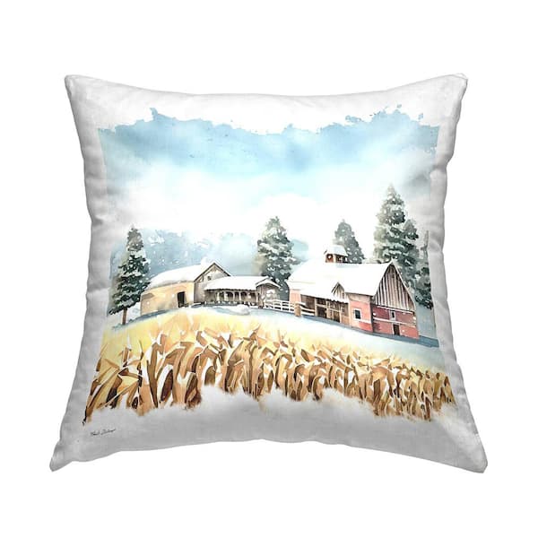 Winter Barn Wheat Field Blue Print Polyester 18in. X 18in. Throw Pillow