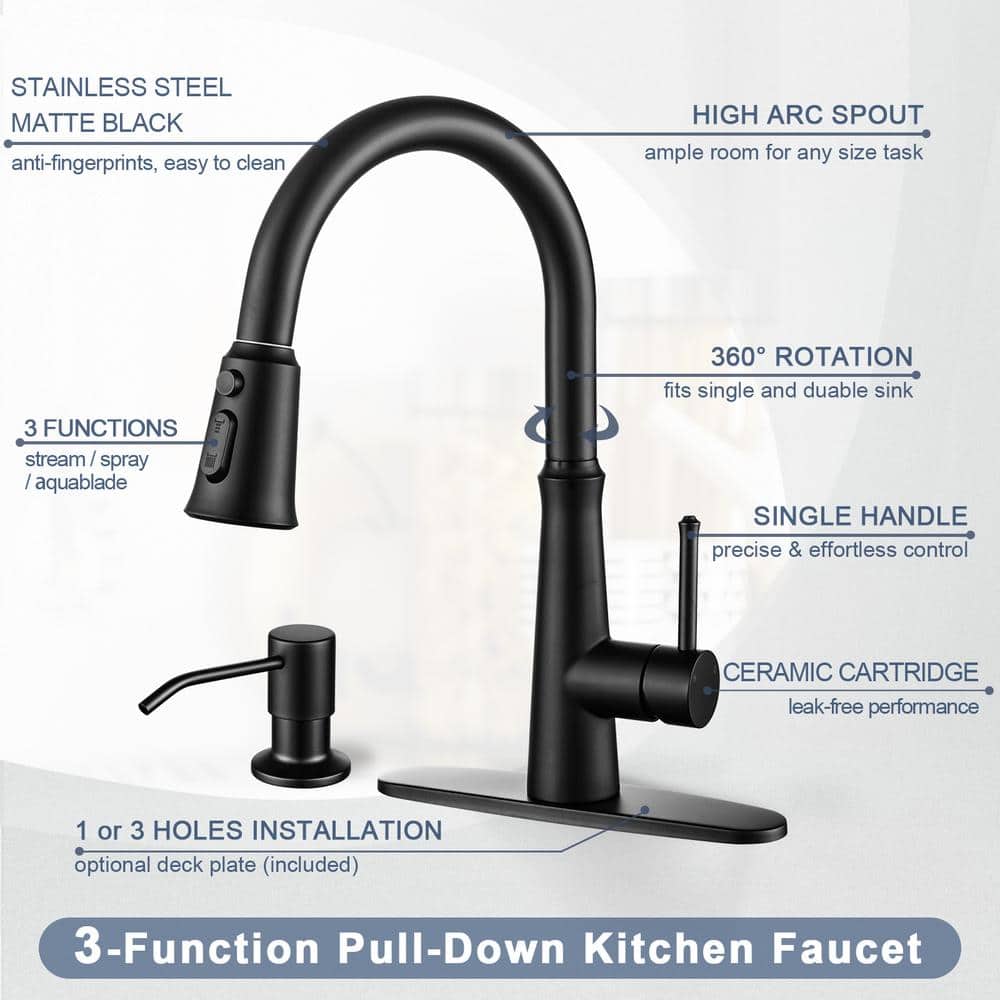 Matte Black Stainless Steel High-Arc Kitchen Faucet with Pull-out Spray