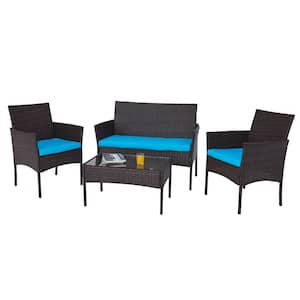 4-Piece Wicker Patio Conversation with Blue Cushions