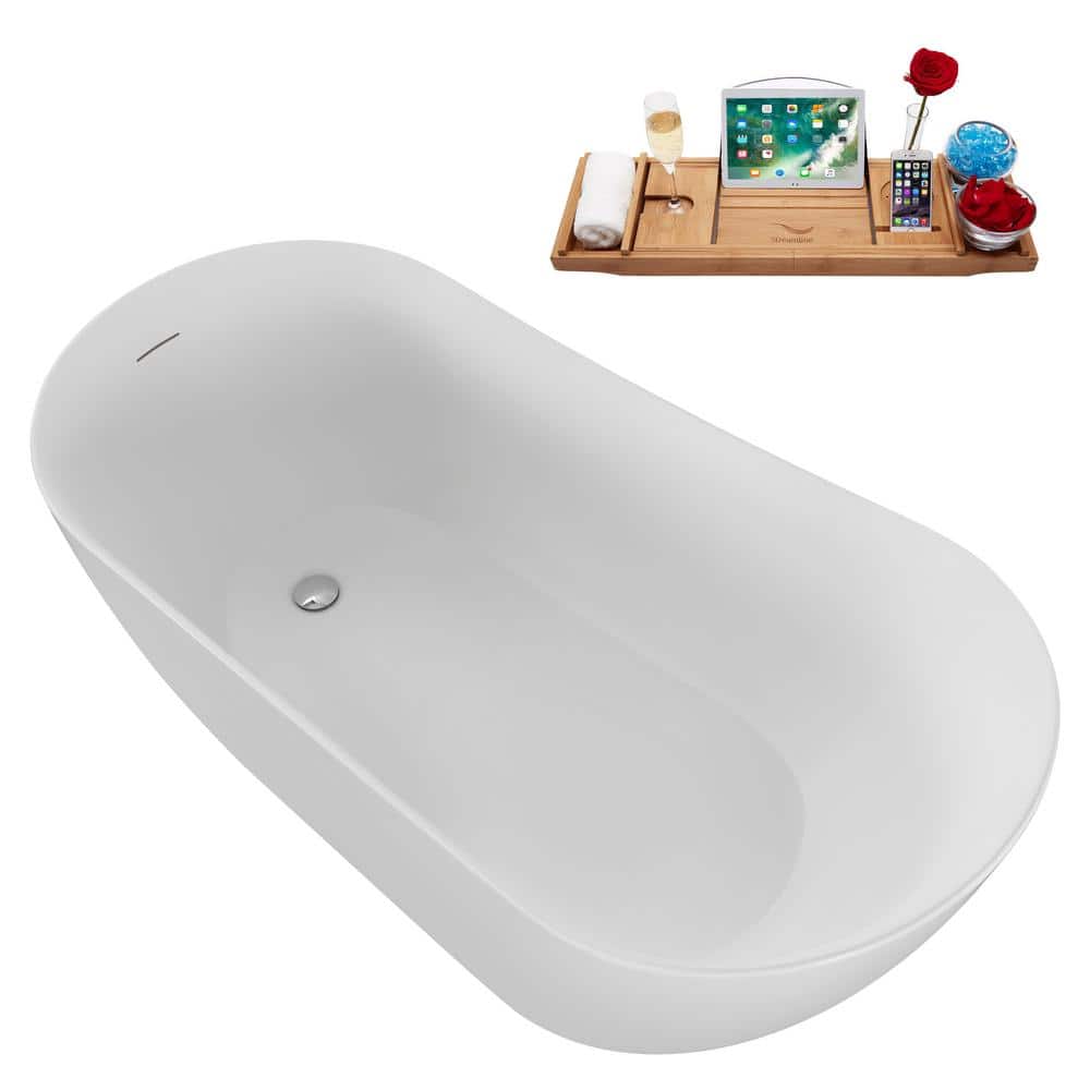 59" Glossy White Acrylic Freestanding Soaking Bathtub with Bamboo Tray