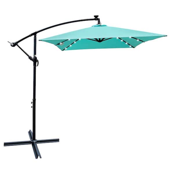 Sudzendf 10 ft. Outdoor Patio Market Umbrella Solar Powered LED Sunshade Umbrella with Crank and Cross Base in Blue