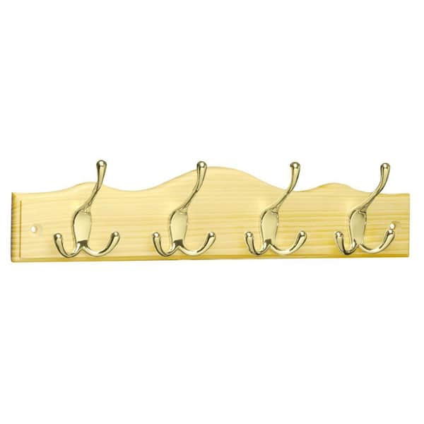 Brainerd 18 in. Pine and Polished Brass Scalloped Top Tri-Hook Rack