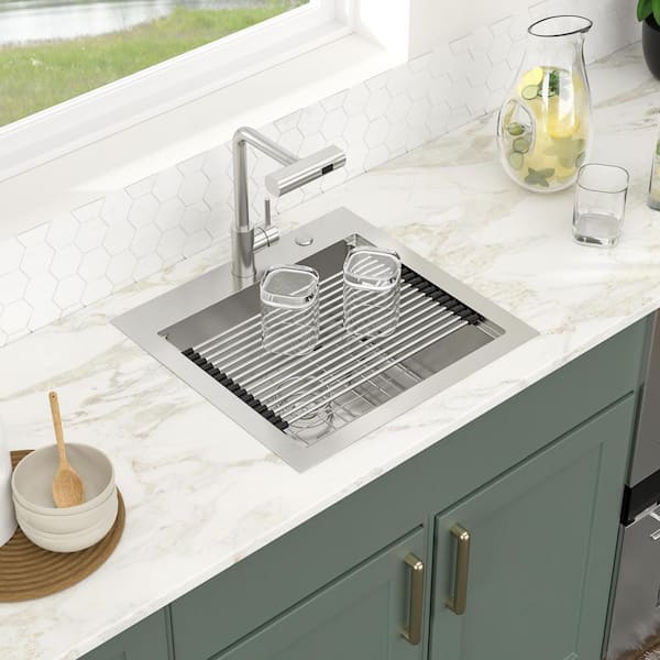 21 in. x 20 in. Drop-In Single Bowl Workstation Kitchen Bar Sink 16 Gauge Stainless Steel sink with Versatile Faucet