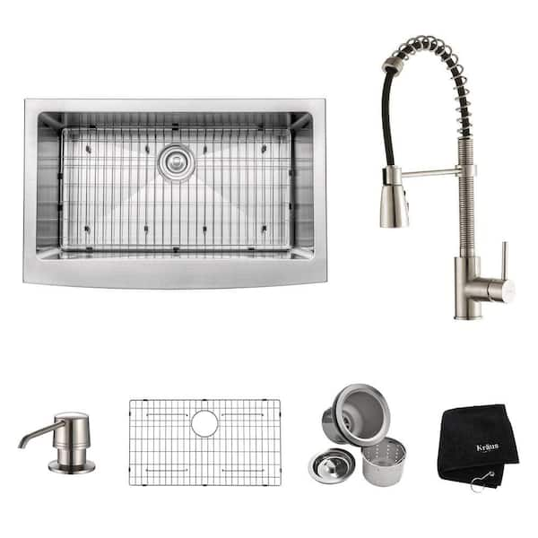 KRAUS All-in-One Farmhouse Apron Front Stainless Steel 33 in. Single Bowl Kitchen Sink with Faucet in Stainless Steel