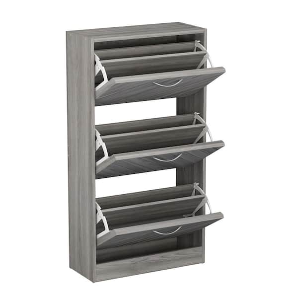 Gray 18-Pair Shoe Storage Cabinet with 3-Drawers and 6-Compartments and Wood Grain