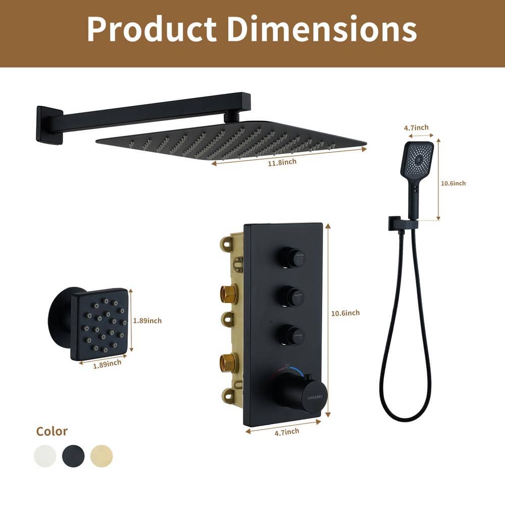 Matte Black 12-Inch Wall Mount Shower System with 6 Body Jets