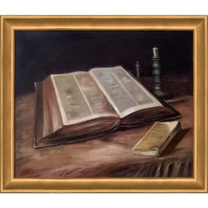 Still Life with Bible by Vincent Van Gogh Muted Gold Glow Framed Typography Oil Painting Art Print 24 in. x 28 in.