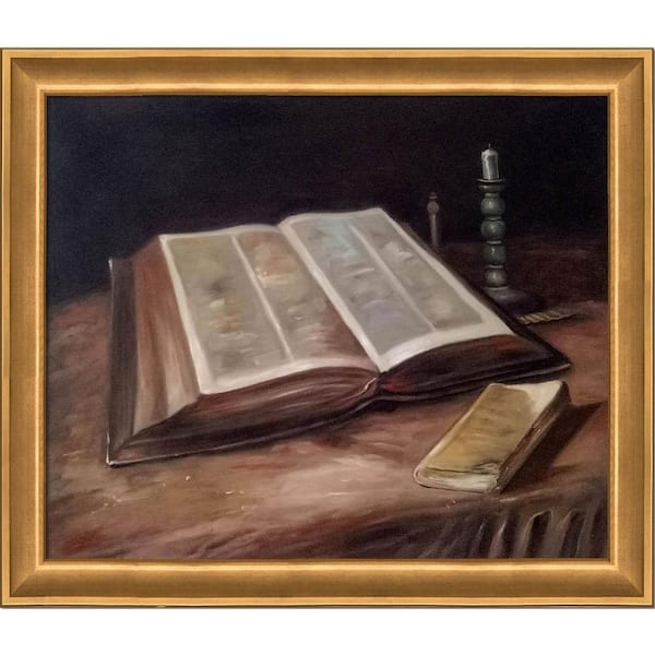 LA PASTICHE Still Life with Bible by Vincent Van Gogh Muted Gold Glow Framed Typography Oil Painting Art Print 24 in. x 28 in.