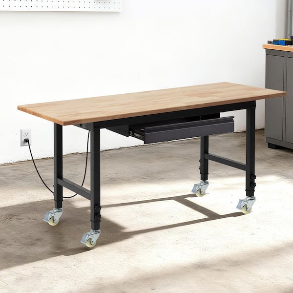 Adjustable Workbench on Wheels with Drawer & Power Outlets, 2000 lbs. Capacity, 60 x 24 In. Oak Wood Top Workbench