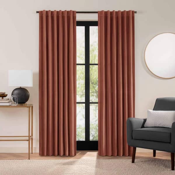 Eclipse Luxury Cotton Velvet Copper Solid Cotton 96 in. L x 50 in. W 100% Blackout Single Panel Rod Pocket Back Tab Curtain