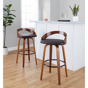 Grotto 29.5 in. Brown Faux Leather, Walnut Wood and Black Metal Fixed-Height Bar Stool (Set of 2)