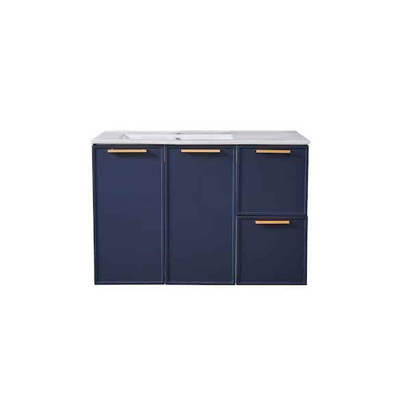 VAPSINT 36 in. W x 18 in. D x24 in. H Floating Bath Vanity in Blue with White Ceramic Sink