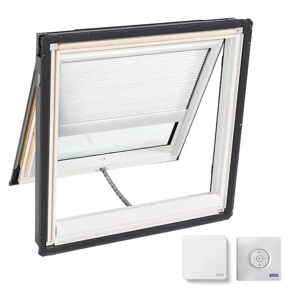 VELUX 44-1/4 in. x 45-3/4 in. Venting Deck-Mount Skylight w/ Laminated Low-E3 Glass, White Solar Powered Light Filtering Blind
