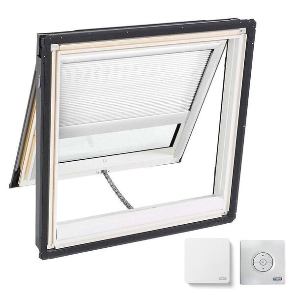 VELUX 44-1/4 in. x 45-3/4 in. Venting Deck Mount Skylight w/ Laminated Low-E3 Glass, White Solar Powered Light Filtering Blind